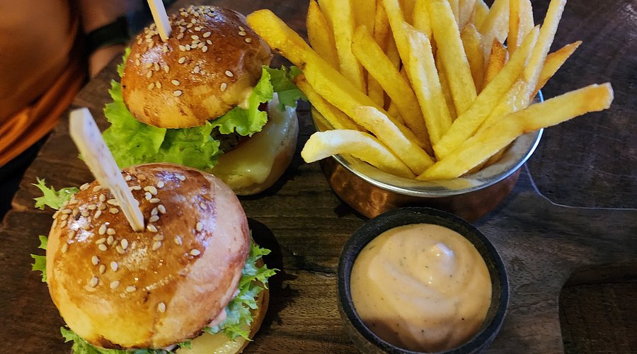 Homemade mini burgers and fries